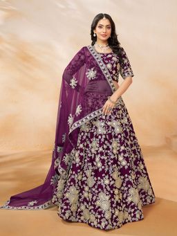 Odette - Wine Embroidered Semi Stitched Lehenga with Unstitched Blouse and Dupatta (Set of 3)