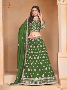 Odette - Green Embroidered Semi Stitched Lehenga with Unstitched Blouse and Dupatta (Set of 3)