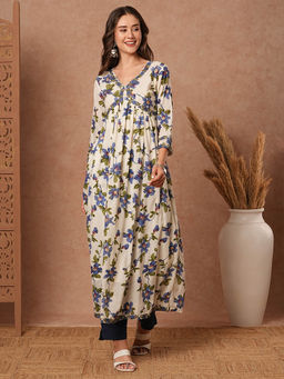 FASHOR - White Floral Printed Embroidered Pleated Flared Kurta