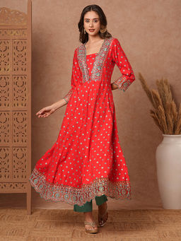 FASHOR - Red Printed Embroidered Anarkali Kurta