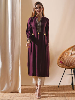 FASHOR - Purple Ethnic Mirror Work Embroidered Kurta