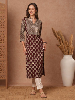 FASHOR - Brown Floral Printed- Embellished Sequined Kurta
