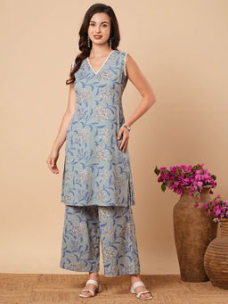 FASHOR - Blue Floral Foil Printed Straight Fit Co-Ord (Set of 2)