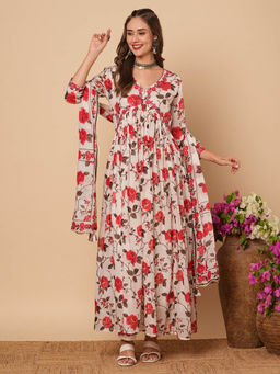 FASHOR - White- Red Floral Printed Flared Kurta with Pant and Dupatta (Set of 3)