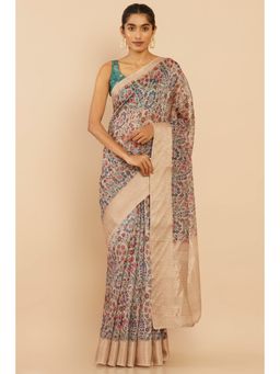 Soch - Women Beige Chanderi Floral Saree with Unstitched Blouse