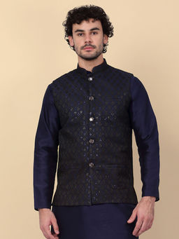 Kraft India - Men Navy Blue Embroidered Sequins Jacquard Nehru Jacket