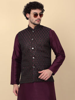 Kraft India - Men Purple Embroidered Sequins Jacquard Nehru Jacket