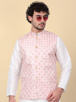 Kraft India - Men Pink Sequins Silk Jacquard Nehru Jacket