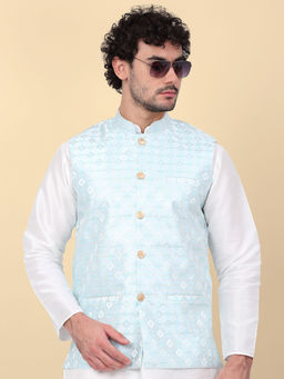 Kraft India - Men Blue Sequins Silk Jacquard Nehru Jacket