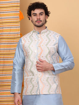 KRAFT INDIA LUXE - Men Silk Blend White Chevron Embroidered Nehru Jacket
