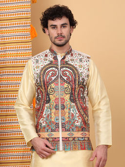 KRAFT INDIA LUXE - Men Silk Blend White Paisley Kashmiri Printed Nehru Jacket