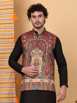 KRAFT INDIA LUXE - Men Silk Blend Maroon Paisley Kashmiri Printed Nehru Jacket