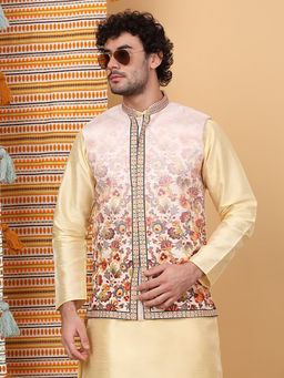 KRAFT INDIA LUXE - Men Silk Blend White Floral Printed Nehru Jacket