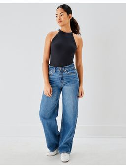 American Eagle - Women Blue Super High Waisted Baggy Wide Leg Jeans