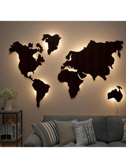 Dekorstation - World Map Golden Yellow Backlit Wood Wall Hanging
