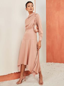 Styli - Pink Asymmetric Hem Detail A-line Midi Dress With Side Collar