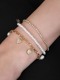 Lilly & Sparkle - Women Gold-Toned Cup Chain Crystal Studded Pearl Link Bracelet Set of 3