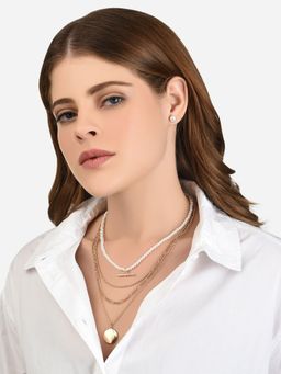 Lilly & Sparkle - White Pearl Gold-Plated Layered Necklace with Earrings
