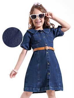 Hola Bonita - Half Puffed Sleeves Cut and Sew Peter Pan Collared Denim Shirt Dress-Blue