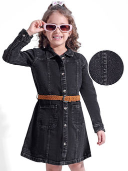 Hola Bonita - Cotton Woven Full Sleeves Solid Denim Shirt Dress-Black