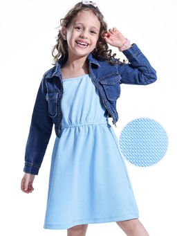Hola Bonita - Cotton Woven Full Sleeves Solid Color Denim Jacket with Inner Dress-Blue