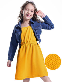 Hola Bonita - Cotton Woven Solid Dress and Full Sleeves Denim Jacket Mustard