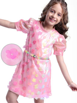 Hola Bonita - Mesh Knit Half Puffed Sleeves Dress with Butterfly and Floral Applique Pink