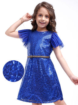 Hola Bonita - Glitter Mesh layered Sleeves with Sequins Detailing Party Dress Navy Blue