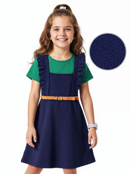 Hola Bonita - Knit Half Sleeves Textured Fabric Solid Color Inner Tee and Dress Navy Blue