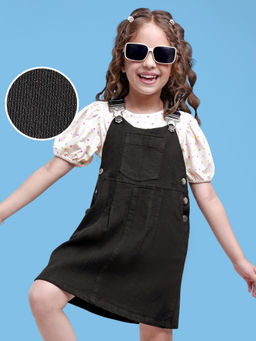Hola Bonita - Cotton Woven Denim Dress and Half Sleeves Inner Tee With Polka Dot Print Black