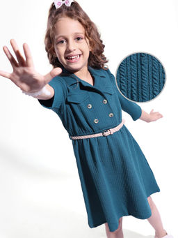 Hola Bonita - Knit Three Fourth Sleeves Shirt Style Solid Dress Teal