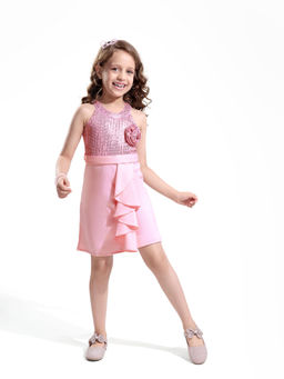 Hola Bonita - Knit Sleeveless Party Dress With Sequin and Scuba Ruffle Detailing Pink