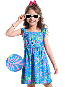 Hola Bonita - Knit Sleeveless Dress With Floral and Leaf Print Blue