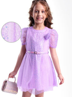 Hola Bonita - Knit Half Sleeves Party Dress With Floral Applique and Sequin Detailing Leavender