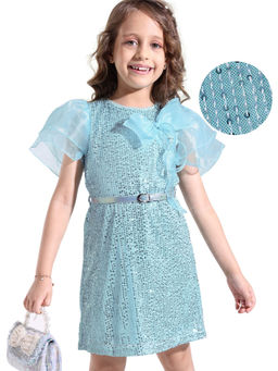 Hola Bonita - Half Puff Sleeves with Sequins and Bow Detailing A Line Party Dress Blue