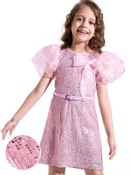 Hola Bonita - Half Puff Sleeves with Sequins and Bow Detailing A Line Party Dress Pink