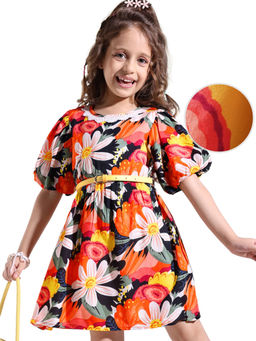 Hola Bonita - Woven Half Puffed Sleeves Dress With Floral Print and Lace Detailing Multi