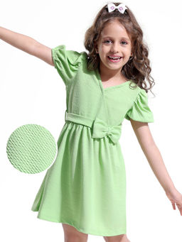 Hola Bonita - Knit Half Puffed Sleeves Solid Color Dress In Textured Fabric Green