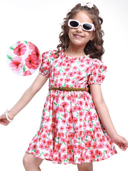 Hola Bonita - Knit Half Sleeves Frock with Floral Print Pink