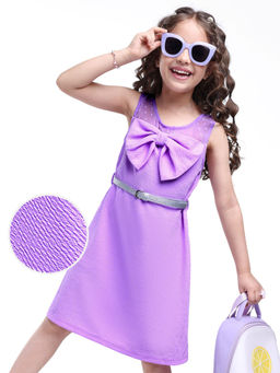 Hola Bonita - Knit Sleeveless Knee Length Frock with Bow Applique Lavender