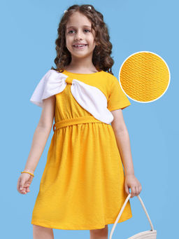 Hola Bonita - Knit Half Sleeves Frock with Bow Applique and Textured Fabric Yellow