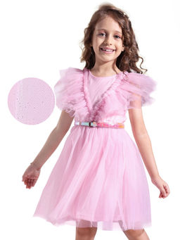 Hola Bonita - Knit Frill Sleeves Mesh Fabric Shimmered Dress Pink