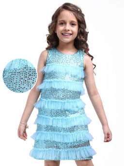 Hola Bonita - Knit Sleeveless Party Wear Sequined Dress with Glitter and Mesh Frills Blue