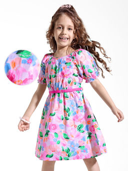 Hola Bonita - Cotton Woven Half Sleeves Frock with Floral Print Multi-Color