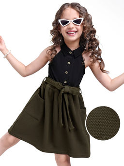 Hola Bonita - Knit Sleeveless Textured Halter Neck Shirt Dress Olive