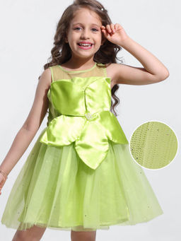 Hola Bonita - Woven Sleeveless Glitter Mesh Party Dress With Floral Applique Green