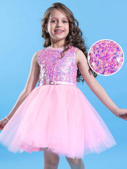 Hola Bonita - Knit Sleeveless Glitter Mesh Party Dress With Sequinned Yoke Pink