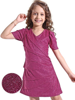 Hola Bonita - Knit Half Sleeves Glittered Diagonal Pintuck Party Dress Magenta