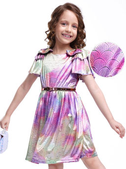 Hola Bonita - Knit Half Sleeves Shimmer Frock with Sequin and Bow Applique Pink