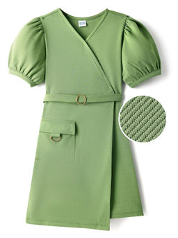 Hola Bonita - Knit Half Puffed Sleeves Overlap Solid Dress with Pocket Detailing Olive